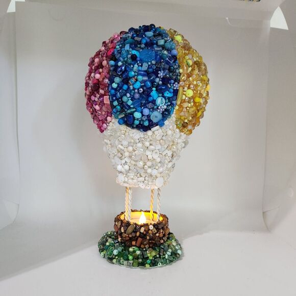 OOAK 11in Hot Air Balloon Tea Light Holder Rainbow Beaded  OOAK 11in Hot Air Balloon Tea Light Holder Rainbow Beaded Embellished Nursery